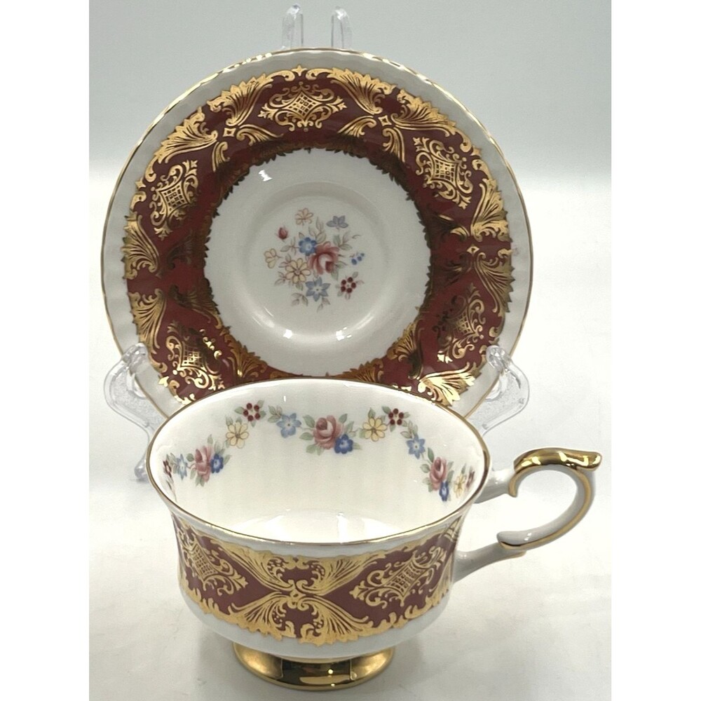 Teacup and Saucer Set Paragon Pembroke Maroon Gold Filigree Floral Vintage